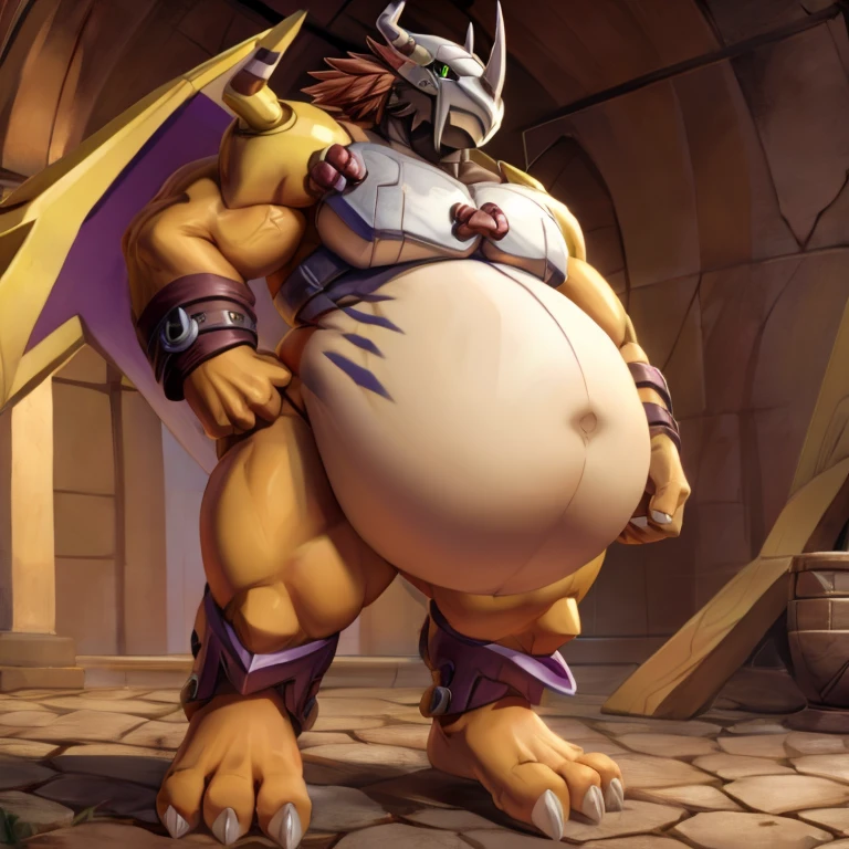 Digimon Wargreymon, big belly, swollen soles, arms on hips