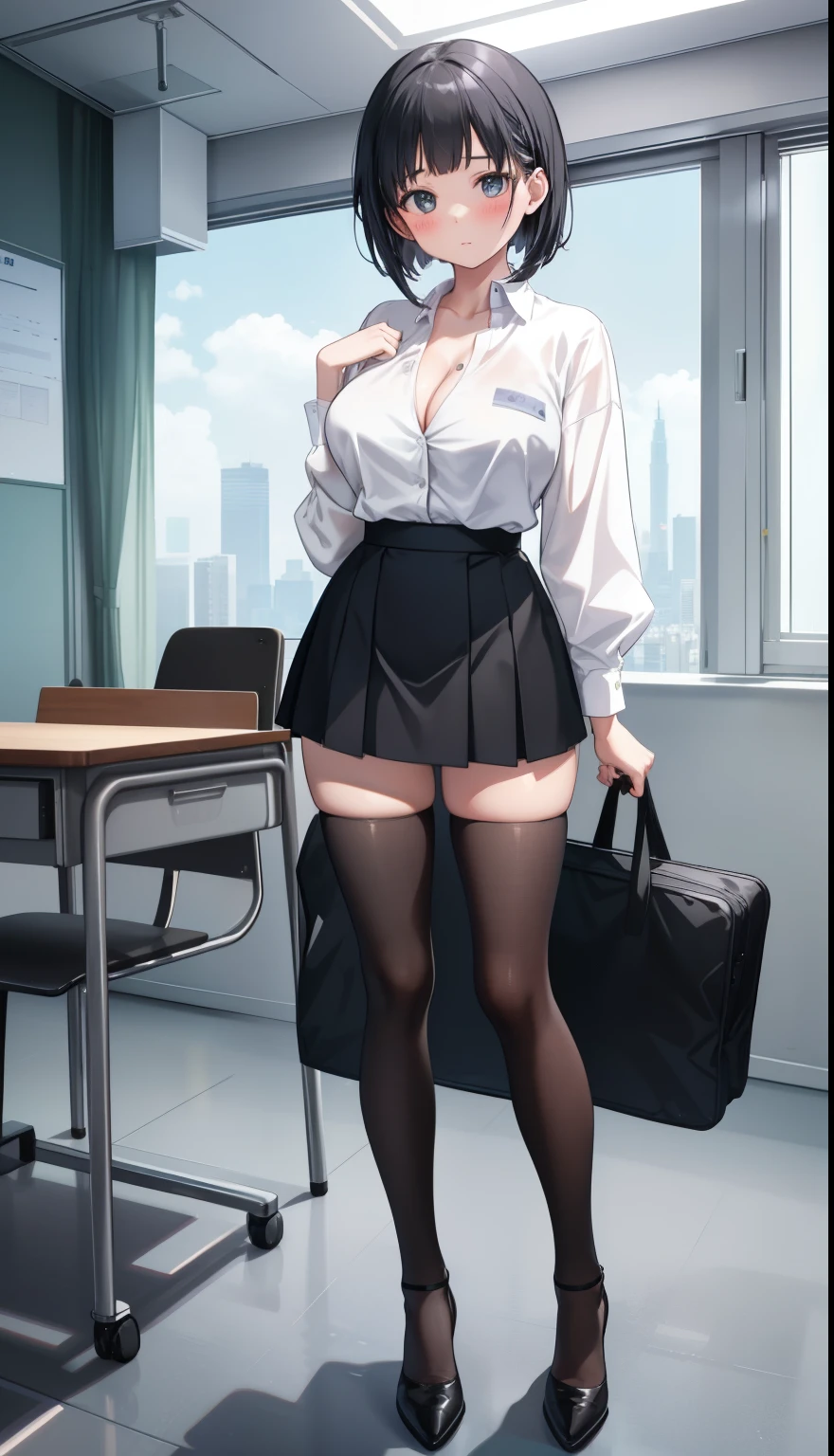 One Girl、positive、Standing posture、Full body portrait、Black Hair、Medium Haircut、blush、Absolute area、Black knee-high socks、Knee-length、stockings、Black Pantyhose、White underwear、Light blue shirt、Blue-gray business suit、Grey tight mini skirt、Japanese office lady、Summer clothes、classroom、Standing at the podium、Daytime、(Very large breasts)、Cleavage、open chest shirt、((Lesbians all over the world))、masterpiece、(highest quality)、
Panties around the ankles、Black high heels、Shirt buttons fly off、Lift up the skirt