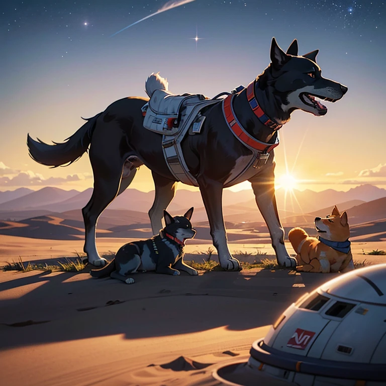 Capture the bond between astronaut and loyal spacefaring dog amidst the vastness of the cosmos. Frame the astronaut and their canine companion against the backdrop of the sun's radiance, highlighting the camaraderie and unity between different species in the exploration of space.