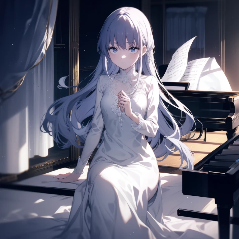 1 ghost piano girl. She is dressed in a fancy night gown. She is sad and alone playing the piano.