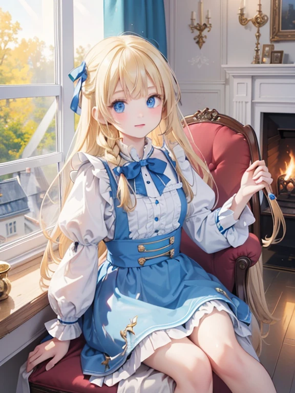 (8k, highest quality, Tabletop:1.2)、Ultra-high resolution、Alice in Wonderland, One ****************, Detailed face、blue eyes, Blonde, Braid, Blue Dress, White apron, Clothes with bulging sleeves, Long skirt, room with fireplace, chandelier, Sit on a chair, I read a book