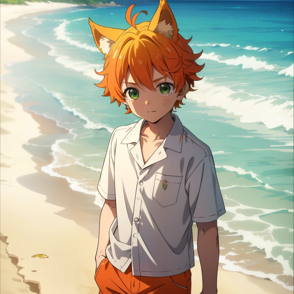 orange hair, green eyes, boy, 10 YO, animal ears, cute, shota, beach, swiming trucks, open beach shirt, Beach shorts, floral shirt