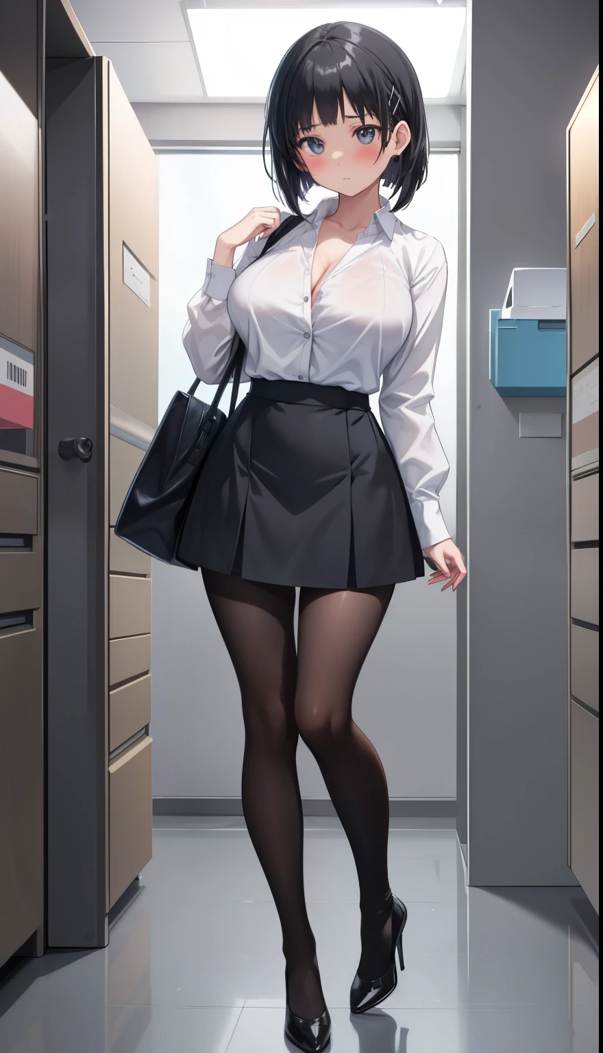 One Girl、positive、Standing posture、Full body portrait、Black Hair、Medium Haircut、blush、Absolute area、Black knee-high socks、Knee-length、stockings、Black Pantyhose、White underwear、Light blue shirt、Blue-gray business suit、Grey tight mini skirt、Japanese office lady、Summer clothes、classroom、Standing at the podium、Daytime、(Very large breasts)、Cleavage、open chest shirt、((Lesbians all over the world))、masterpiece、(highest quality)、
Panties around the ankles、Black high heels、Shirt buttons fly off、Lift up the skirt