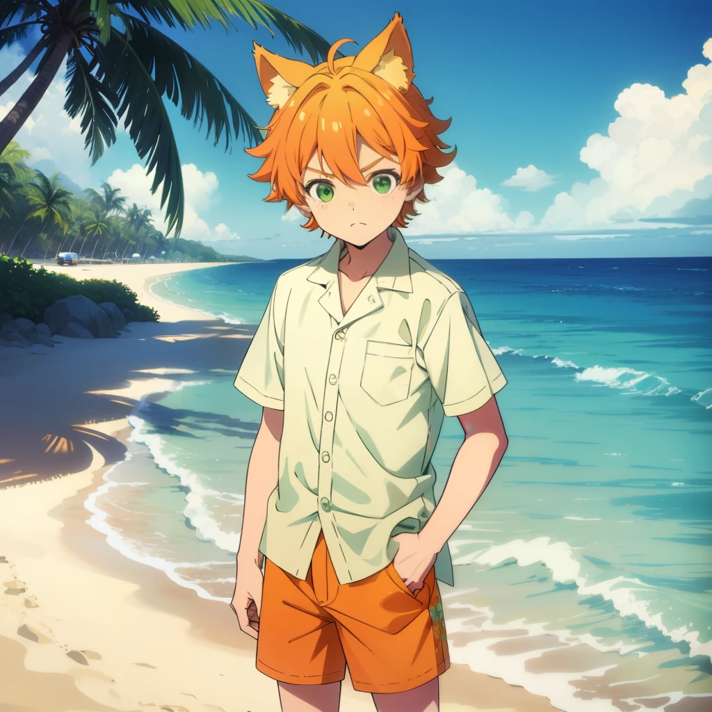 orange hair, green eyes, boy, 10 YO, animal ears, cute, shota, beach, swiming trucks, beach shirt, Beach shorts, floral shirt, button up shirt, green short