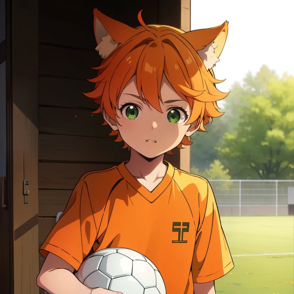 orange hair, green eyes, boy, 10 YO, animal ears, cute, shota, play soccer