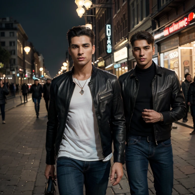 (ultra-detailed,high-res,masterpiece:1.2),realistic,detailed eyes and face,handsome man wearing trendy leather jacket and jeans,strutting down the streets of a vibrant Latin city,athletic and confident,showcasing his irresistible charm,streetlights casting a warm glow on the scene,accentuating the colorful architecture and lively atmosphere,portraits of stylish men lining the buildings,adding to the fashionable ambiance,hint of mystery in the air,as if inviting you to discover the secrets of this fashionable world,artistic portrayal of masculine beauty,exuding confidence and charisma,blending into the urban energy with ease,sensual undertones adding an alluring touch to the composition,subtle use of tulle fabric capturing the essence of modern fashion,enhanced with subtle lighting and vivid colors,creating a visually captivating masterpiece reminiscent of a high-end fashion editorial.