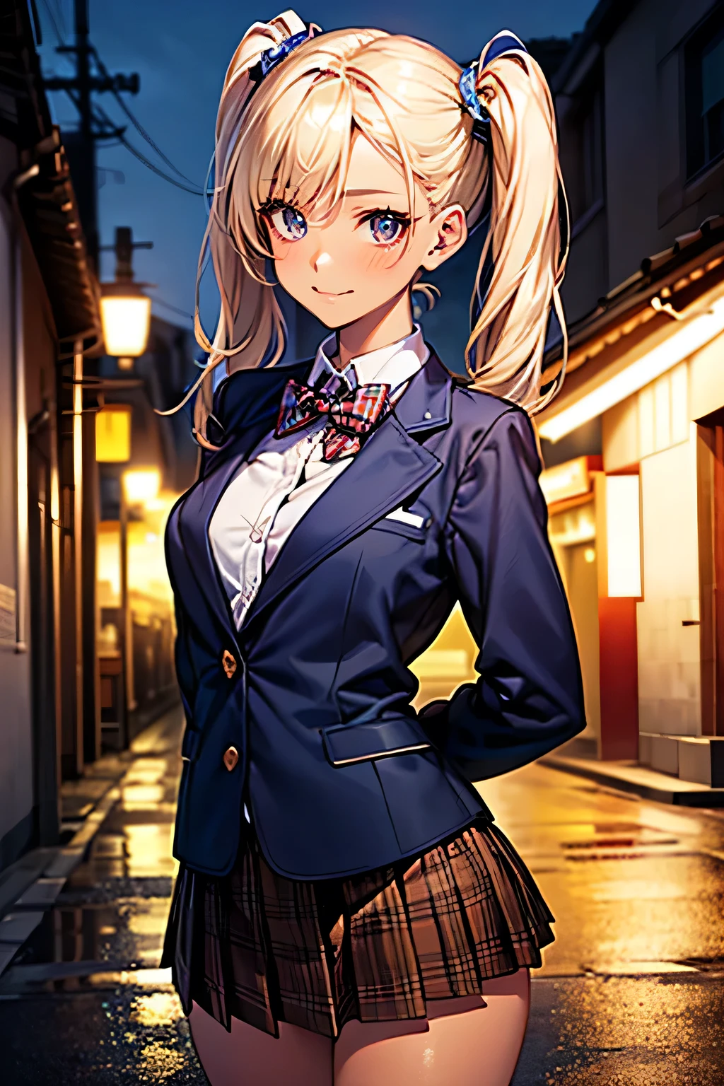 ((Perfect Anatomy:1.2,Realistic:1.3,RAW Photos:1.3,masterpiece、highest quality、Ultra - High resolution、High resolution、Highly detailed CG、8k)),Cowboy Shot. 1 female,alone,18-year-old、high school girl,beautiful girl,Japanese,((Beautiful and graceful face and eyes:1.2,Big beautiful eyes:1.3,)),blonde,Twin tails,(Center parted hair:1.4,amount),Small Head:1.3,thin,((Brown Skin:1.4)),(Oily skin,Glowing Skin,Shiny skin),(Provocative smile),(school uniform、Dark blue blazer jacket、Checkered pleated mini skirt),((Roll up your skirt)).,((Show viewers white panties)),Are standing. The background is a dirty back alley,((night)),((dark)),Tokyo.