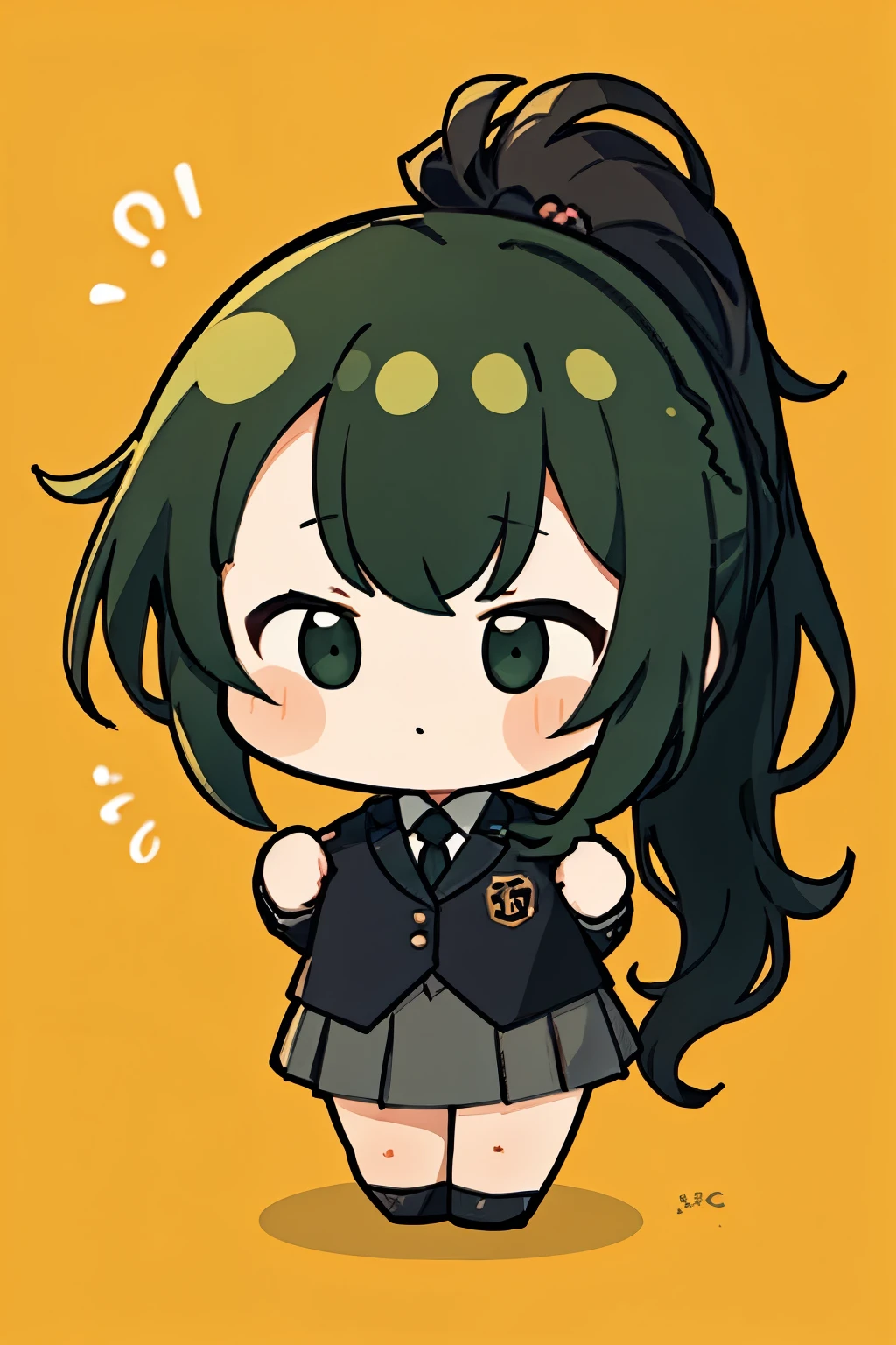 cute chibi, black curly hair in a pony tail, wearing a green office uniform