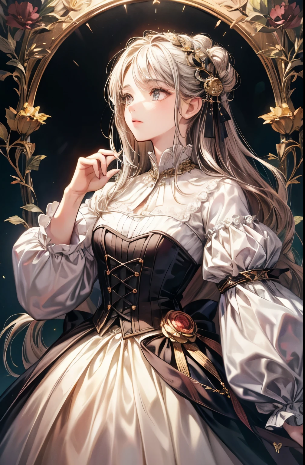 (absurd, high resolution, Super detailed), 1 Girl, Solitary,  Baroque, Long skirt, Long sleeve, elegant, rich and colorful, The most detailed, Upper Body