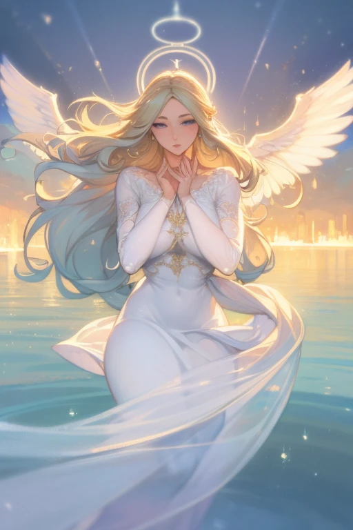 "(best quality,ultra-detailed),water element angel from lake,beautiful detailed eyes,beautiful detailed lips,flowing white dress,ethereal beauty,long flowy hair,golden halo,sparkling water drops,floating wings,soft ethereal light,impressionist painting style,vibrant colors,pastel color palette" rate R poses