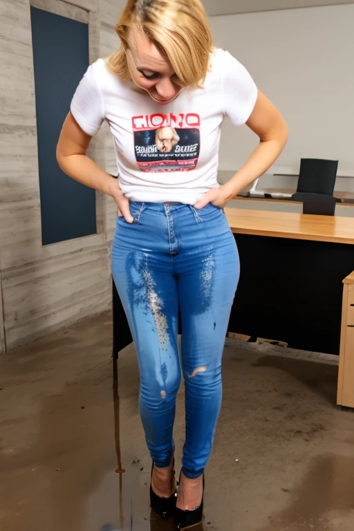 tall blonde woman, blue eyes, skinny jeans, high heels, t-shirt, big smile, standing in an office, show heels, pee stains on legs of jeans, pee stains on hips of jeans, wetting self, standing in a puddle of pee