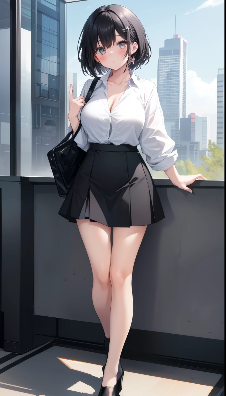 One Girl、positive、Standing posture、Full body portrait、Black Hair、Medium Haircut、blush、Absolute area、Black knee-high socks、Knee-length、stockings、Black Pantyhose、White underwear、Light blue shirt、Blue-gray business suit、Grey tight mini skirt、Japanese office lady、Summer clothes、classroom、Standing at the podium、Daytime、(Very large breasts)、Cleavage、open chest shirt、((Lesbians all over the world))、masterpiece、(highest quality)、
Panties around the ankles、Black high heels、Shirt buttons fly off、Lift up the skirt