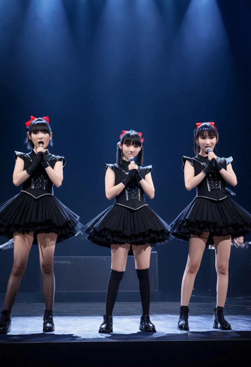 idol stage, cute 3girls, japanese, black clothes, metal vocal, babymetal, japanese concert, cinematic, rich color, 8k, hdr