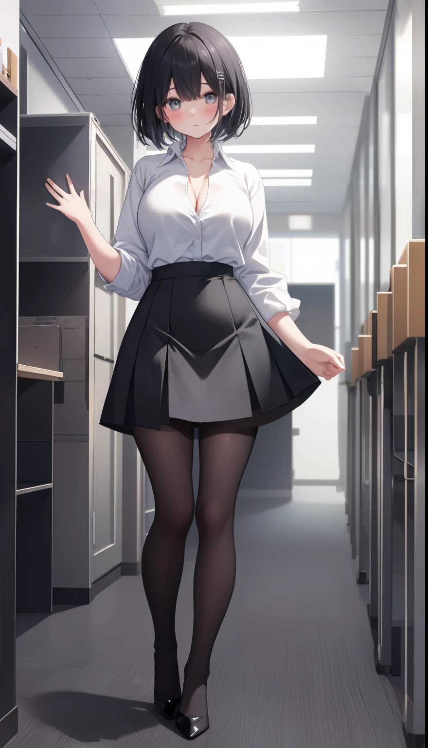 One Girl、positive、Standing posture、Full body portrait、Black Hair、Medium Haircut、blush、Absolute area、Black knee-high socks、Knee-length、stockings、Black Pantyhose、White underwear、Light blue shirt、Blue-gray business suit、Grey tight mini skirt、Japanese office lady、Summer clothes、classroom、Standing at the podium、Daytime、(Very large breasts)、Cleavage、open chest shirt、((Lesbians all over the world))、masterpiece、(highest quality)、
Panties around the ankles、Black high heels、Shirt buttons fly off、Lift up the skirt