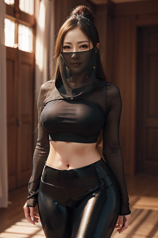 (Age 25, Mature) (Beautiful Korean woman, long, long_hair), masterpiece, wearing face veil and black shiny leggings and a midriff, (thigh thigh gap 1.1), seduction pose, hourglass_figure, detailed facial features, detailed, symmetry, cinematic lighting, soft lighting 