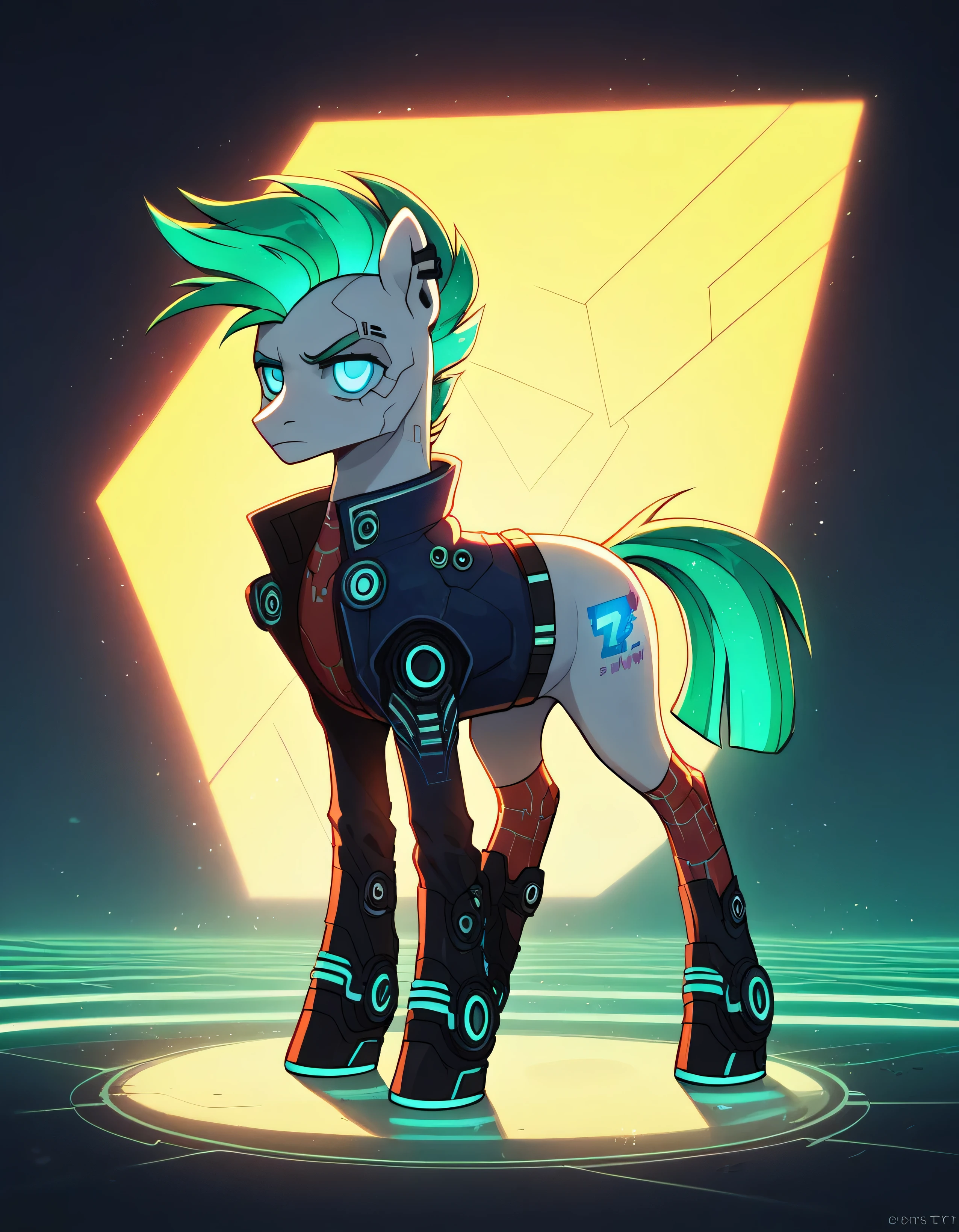 score_9,score_8_up,score_7_up,score_6_up, Cyberpunk pony, cyber-punk fashion, glowing backlight, tech-city scene, glitter, whimsical, enchanted, magical, fantasy art concept, intricate details, stallion, full body