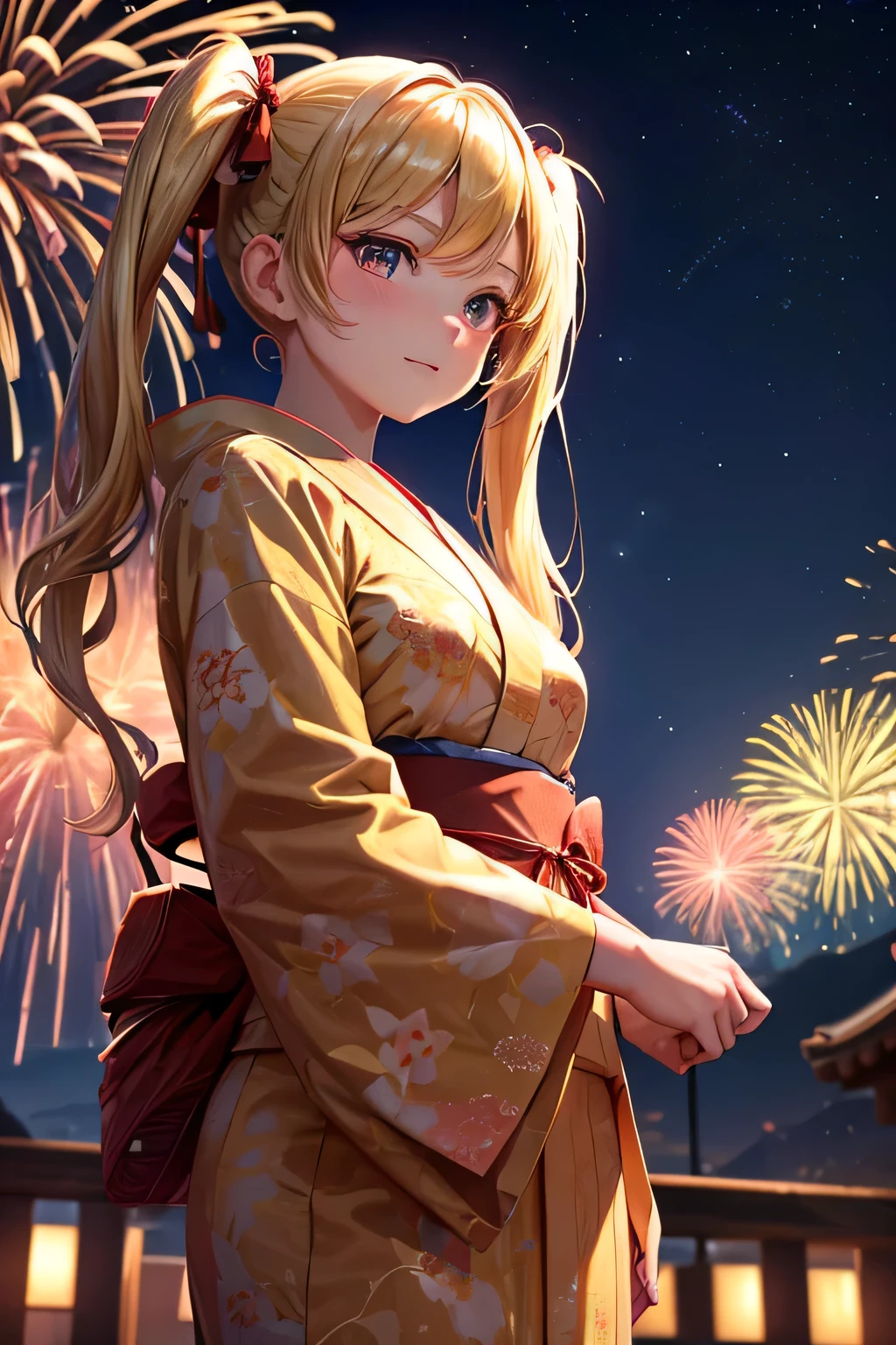 8k, Delicate image quality, best quality, (((blond twintails))), red Yukata, 16 year old Beautiful girl, masterpiece, best quality, ultra detailed, outdoors, day, Photo taken from below, Fireworks in the night sky in the background,