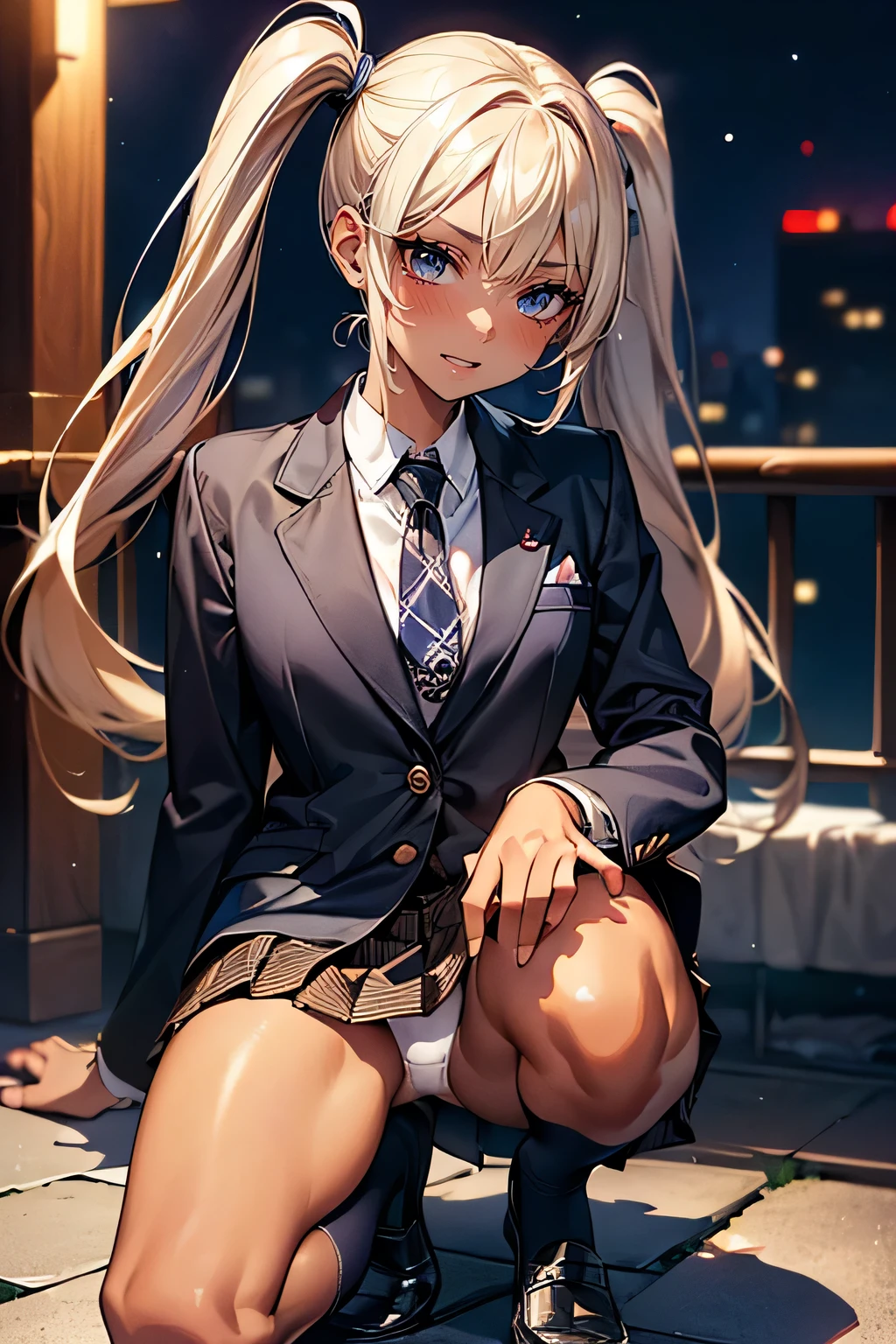 ((Perfect Anatomy:1.2,Realistic:1.3,RAW Photos:1.3,masterpiece、highest quality、Ultra - High resolution、High resolution、Highly detailed CG、8k)),Cowboy Shot. 1 female,alone,18-year-old、high school girl,beautiful girl,Japanese,((Beautiful and graceful face and eyes:1.2,Big beautiful eyes:1.3,)),blonde,Twin tails,(Center parted hair:1.4,amount),Small Head:1.3,(Provocative smile),thin,((Dark brown skin:1.4)),(Oily skin,Glowing Skin,Shiny skin,(school uniform、Dark blue blazer jacket、Checkered pleated mini skirt,White long floppy socks:1.5,Black Loafers),(Show viewers white panties),((Sit with your right knee upright)). The background is a dirty back alley、((dark)),((night))、Tokyo.