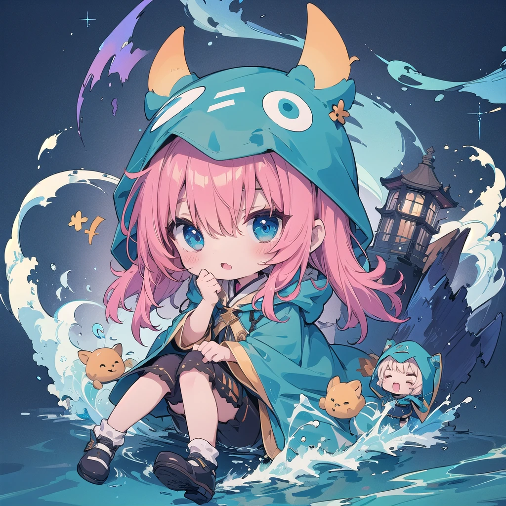 Chibi wearing a blue hooded cloak、The cape reaches down to the ankles、