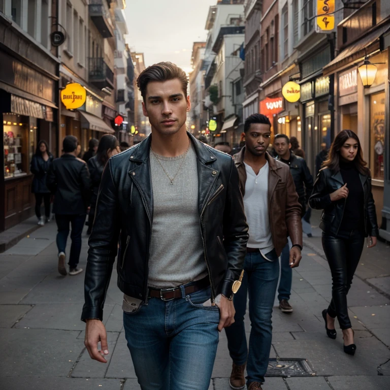 (ultra-detailed,high-res,masterpiece:1.2),realistic,detailed eyes and face,handsome man wearing trendy leather jacket and jeans,strutting down the streets of a vibrant Latin city,athletic and confident,showcasing his irresistible charm,streetlights casting a warm glow on the scene,accentuating the colorful architecture and lively atmosphere,portraits of stylish men lining the buildings,adding to the fashionable ambiance,hint of mystery in the air,as if inviting you to discover the secrets of this fashionable world,artistic portrayal of masculine beauty,exuding confidence and charisma,blending into the urban energy with ease,sensual undertones adding an alluring touch to the composition,subtle use of tulle fabric capturing the essence of modern fashion,enhanced with subtle lighting and vivid colors,creating a visually captivating masterpiece reminiscent of a high-end fashion editorial.