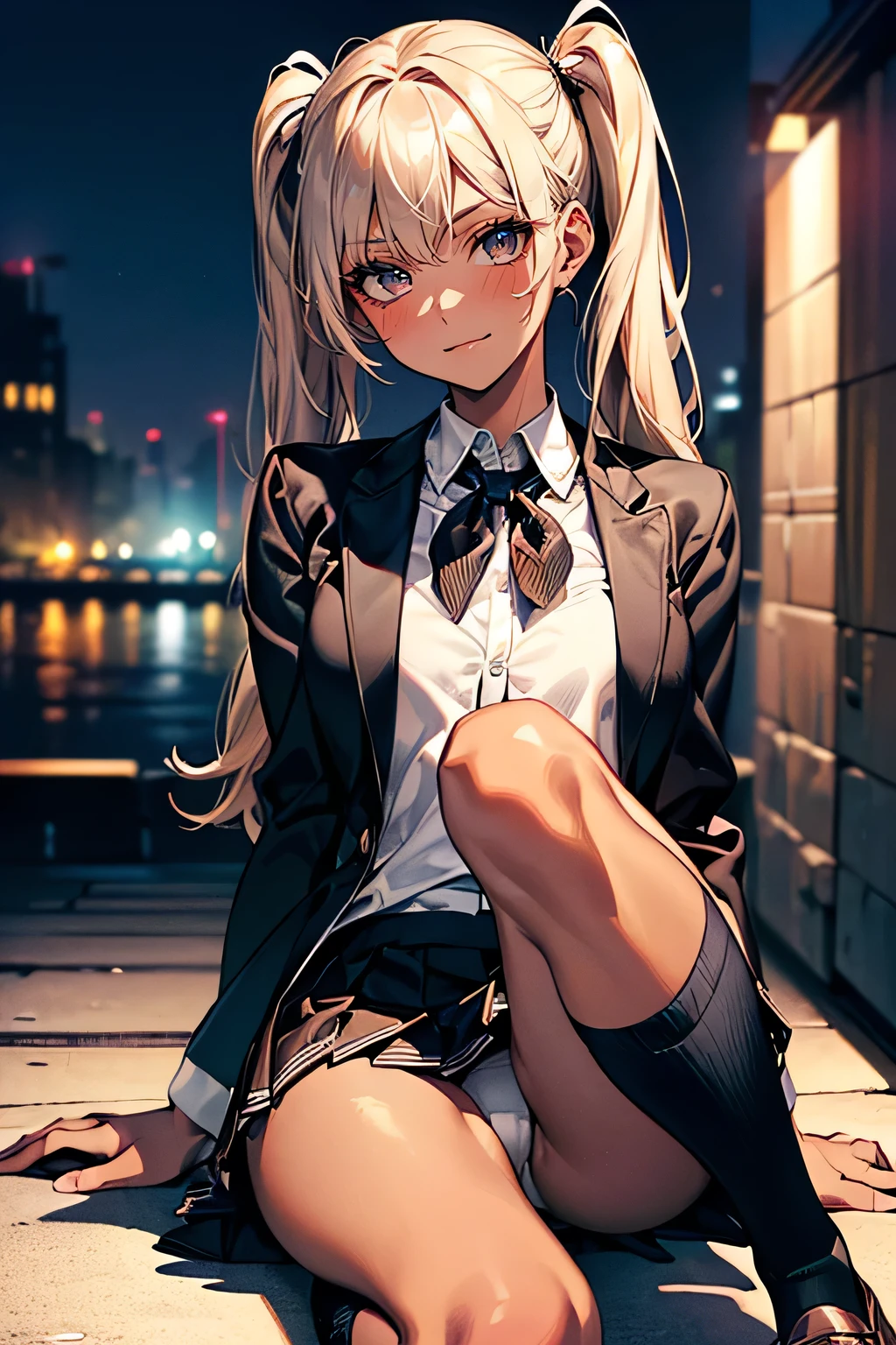 ((Perfect Anatomy:1.2,Realistic:1.3,RAW Photos:1.3,masterpiece、highest quality、Ultra - High resolution、High resolution、Highly detailed CG、8k)),Cowboy Shot. 1 female,alone,18-year-old、high school girl,beautiful girl,Japanese,((Beautiful and graceful face and eyes:1.2,Big beautiful eyes:1.3,)),blonde,Twin tails,(Center parted hair:1.4,amount),Small Head:1.3,(Provocative smile),thin,((Dark brown skin:1.4)),(Oily skin,Glowing Skin,Shiny skin,(school uniform、Dark blue blazer jacket、Checkered pleated mini skirt,White long floppy socks:1.5,Black Loafers),(Show viewers white panties),((Sit with your right knee upright)). The background is a dirty back alley、((dark)),((night))、Tokyo.
