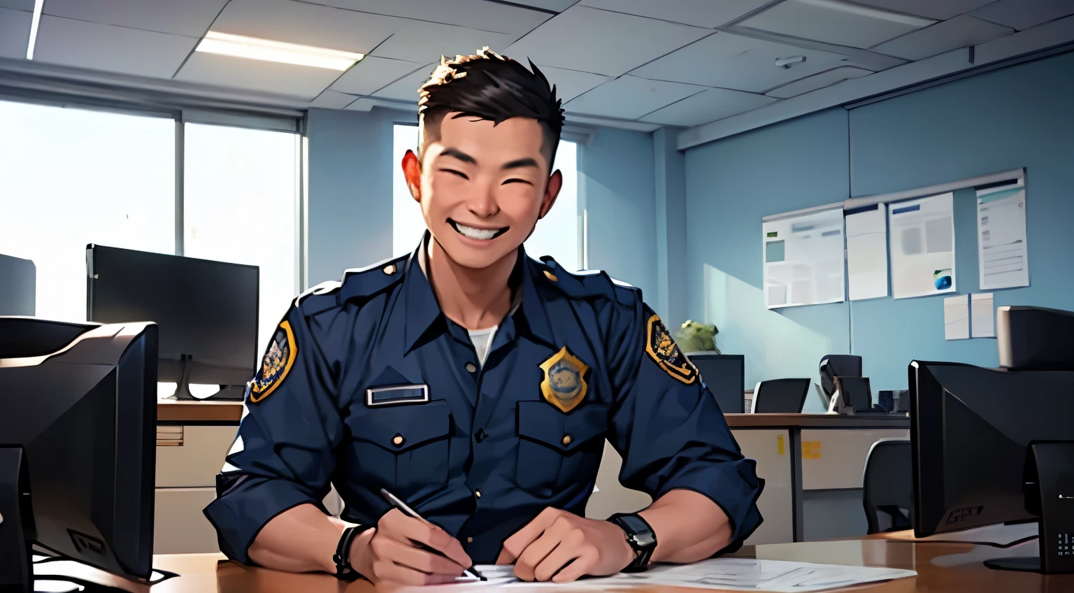 A police officer was laughing in dian hua with a smug expression, as if talking about his qualifications and promotion. Behind him was an empty office environment.