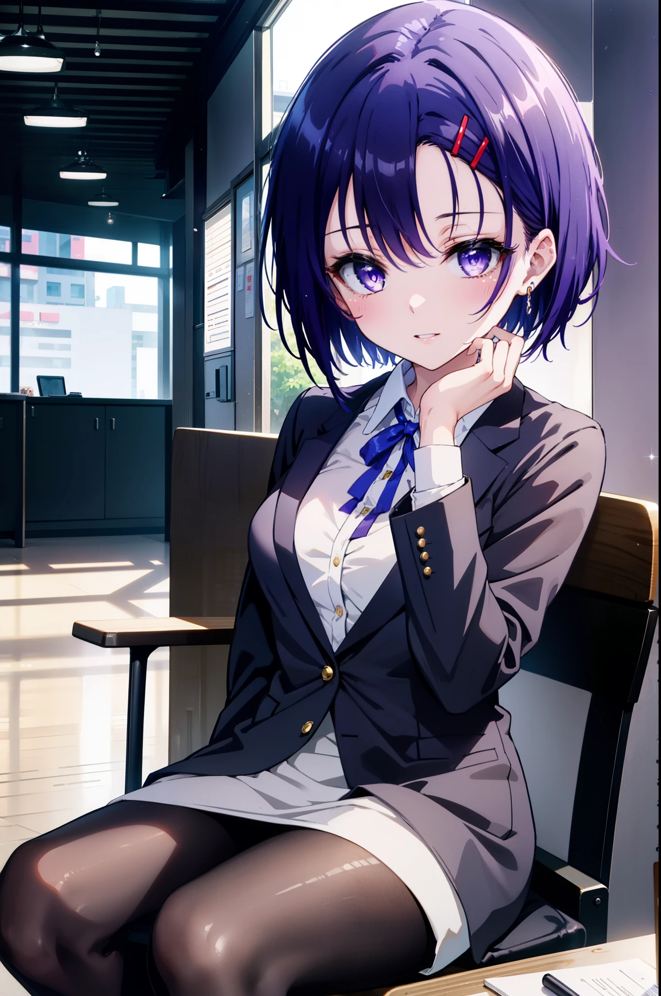 harunasairenji, haruna sairenji, hair ornaments, Hair Clip, (Purple eyes:1.1), Purple Hair, short hair, Swept-apart bangs, (amount:1.2), happy smile, smile, Open your mouth,OL, Akagi Glasses, Black suit jacket, Collared jacket, White dress shirt, Collared shirt, Neckline, button, Black pencil skirt, Black Pantyhose,Stiletto heels,sit cross-legged on a chair,There is a computer on the table,touch typing,whole bodyがイラストに入るように,sunny,Daytime,
break indoors, オフィス
break looking at viewer, whole body, (Cowboy Shot:1. 5)
break (masterpiece:1.2), highest quality, High resolution, unity 8k wallpaper, (shape:0.8), (Beautiful details:1.6), Highly detailed face, Perfect lighting, Highly detailed CG, (Perfect hands, Perfect Anatomy),