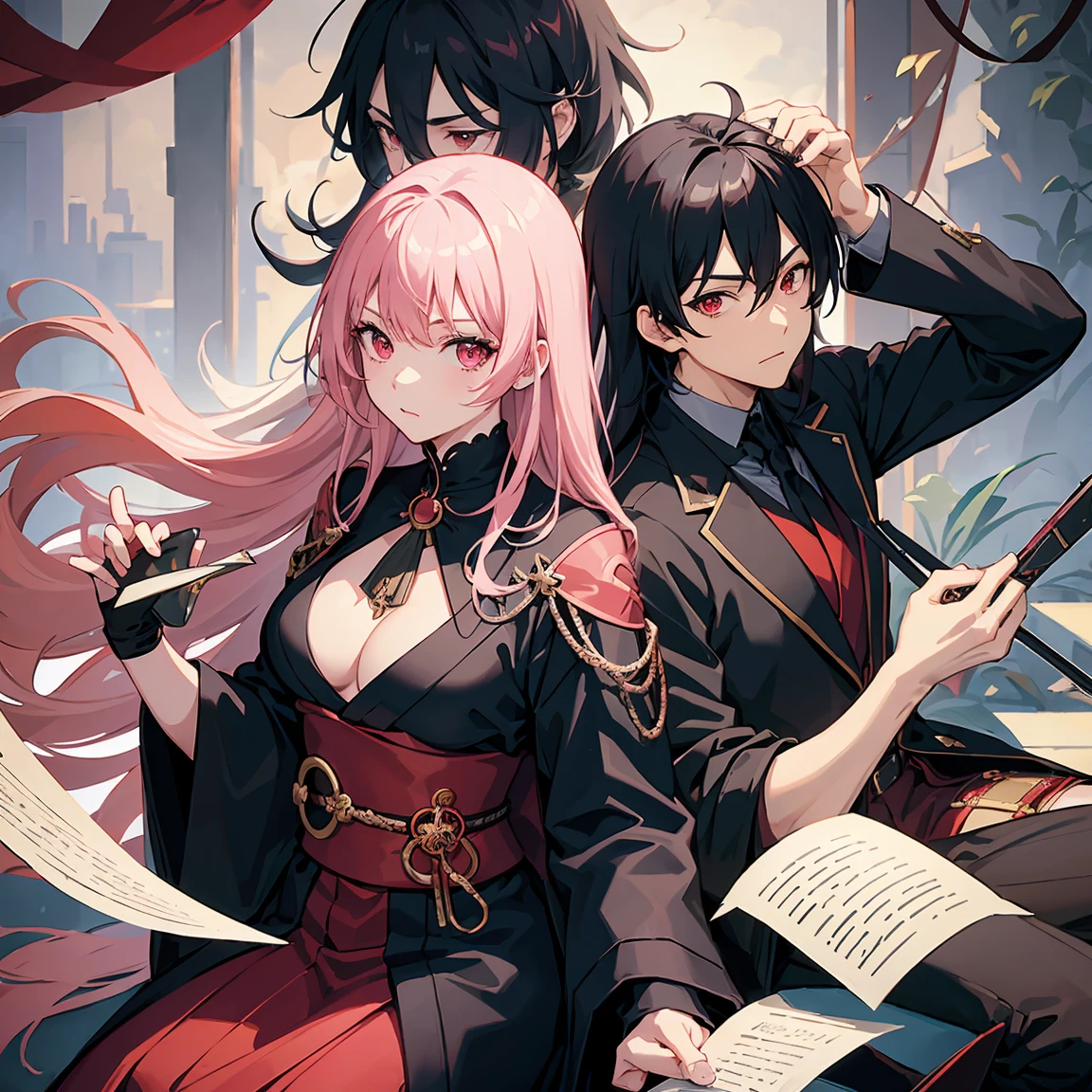 1 men,black hair,red eyes,black kimono,Detective,combat knife,fantasy,1 table,cowboy shot,sitting on chair,Relaxing,clear sky,monocle,have paper,mercenary guild,1 girl,pink hair,pink eyes,middle hair,straight hair,large breasts,witch dress,back to back