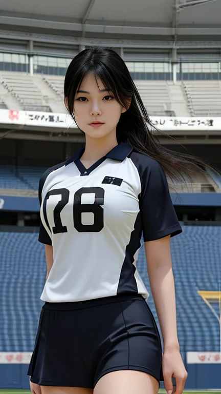 Japanese,Beautiful girl, black hair, big breasts, wearing volleyball uniform,in the stadium.