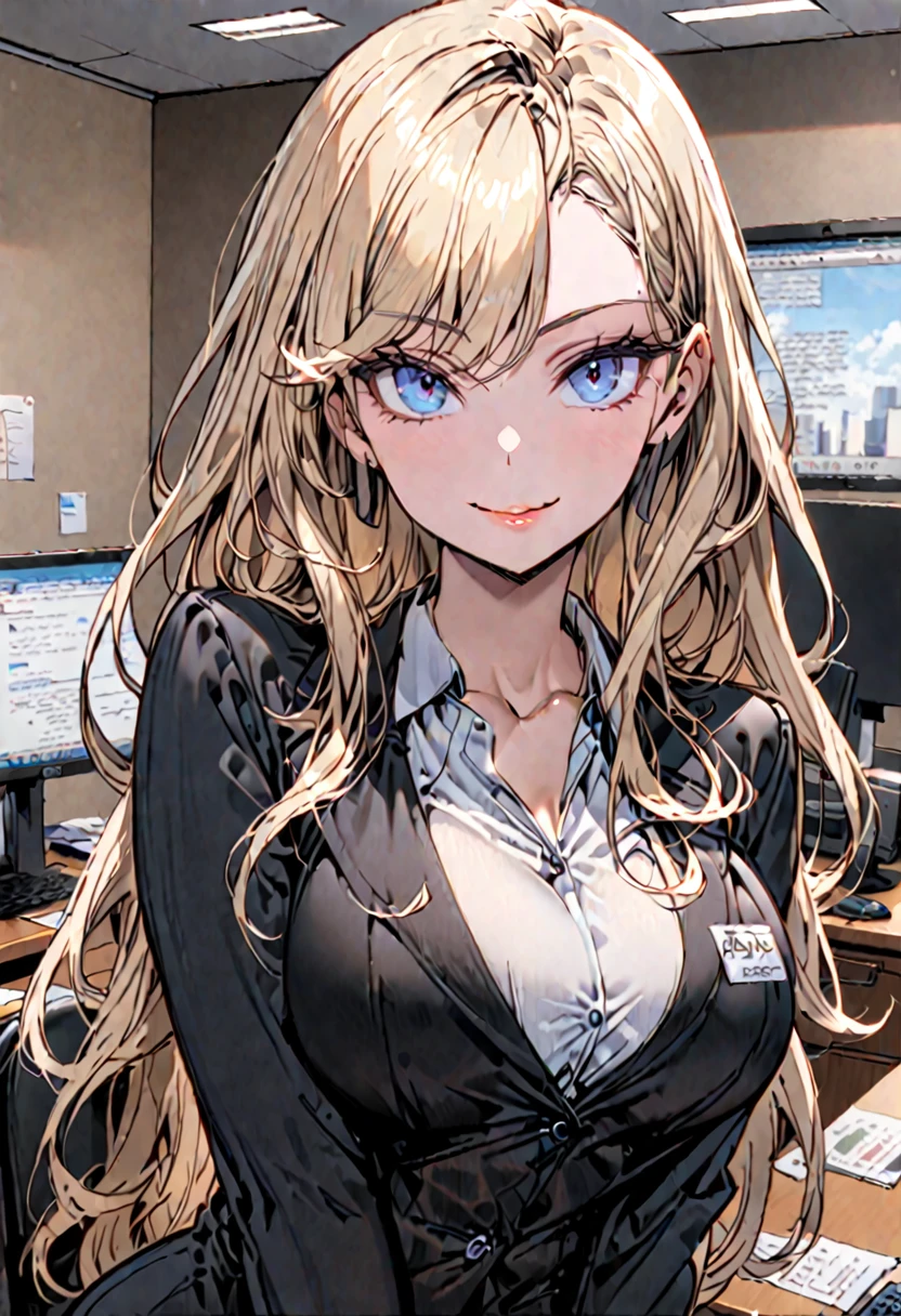 solo female, medium shot, long wavy blonde hair, blue eyes, wink, secretary, office, wooden furniture:0.1, business suit, seductive smile, elegant, loose shirt, necklace, business jacket