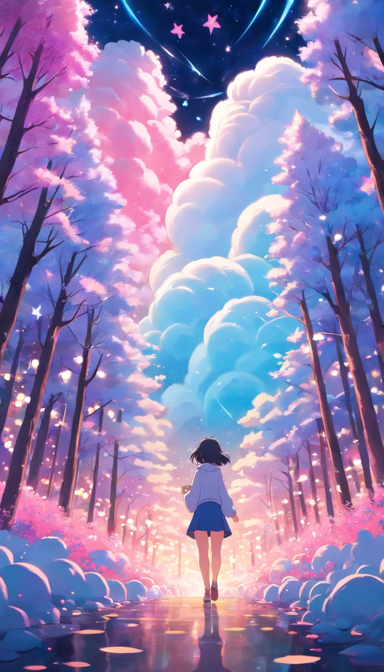 night with many stars surrounded by cotton candy, cotton candy forest,
a polar bear dancing alone, anime style