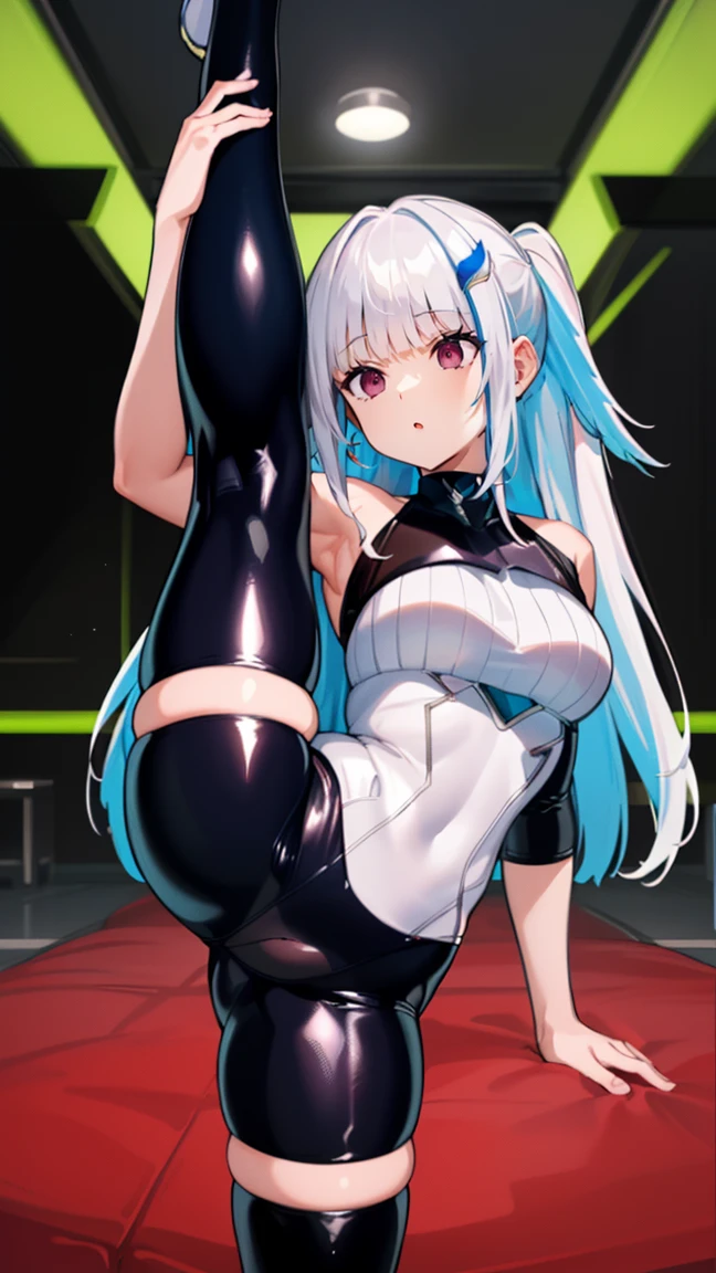 1 girl,Browsing Caution,((Standing Split )), ((Standing on one leg )),Bright red eyes,Absurd, brainwashing,Hollow Eyes, Mind Control Devices,((Expressionless,Emotional erasure)), (Black latex tight suit) , Full body portrait,  (highest quality、4K、8k、High resolution、Must have:1.2)、Very detailed、(reality、reality的です、reality的:1.37)、Ticker、Hyper HD、Studio Lighting、Ultra High Definition Paint、Sharp focus、Physically Based Rendering、Extreme Detail、Professional specifications、Vibrancy and color、Blurred、Sports portrait、landscape、Horror Style、Anime Big Tits、SF、photograph、Concept Artist、Five Fingers, Perfect body,  {{{masterpiece}}}, {{{highest quality}}}, {{Very detailed}}, {shape}, {{Very delicate and beautiful}},Improved cost performance、All Roles、Canon 5D MK4でphotograph、photograph,