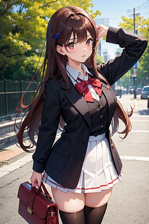 (A 15yo Girl)+,Reddish-brown-Two-sided-up with big pink ribbon, dark-blue-school uniform with white-collar, White-Skirt,  Brown-eyes, zettai-ryouiki,busty,best_quality,masterpiece,ultra_detailed,