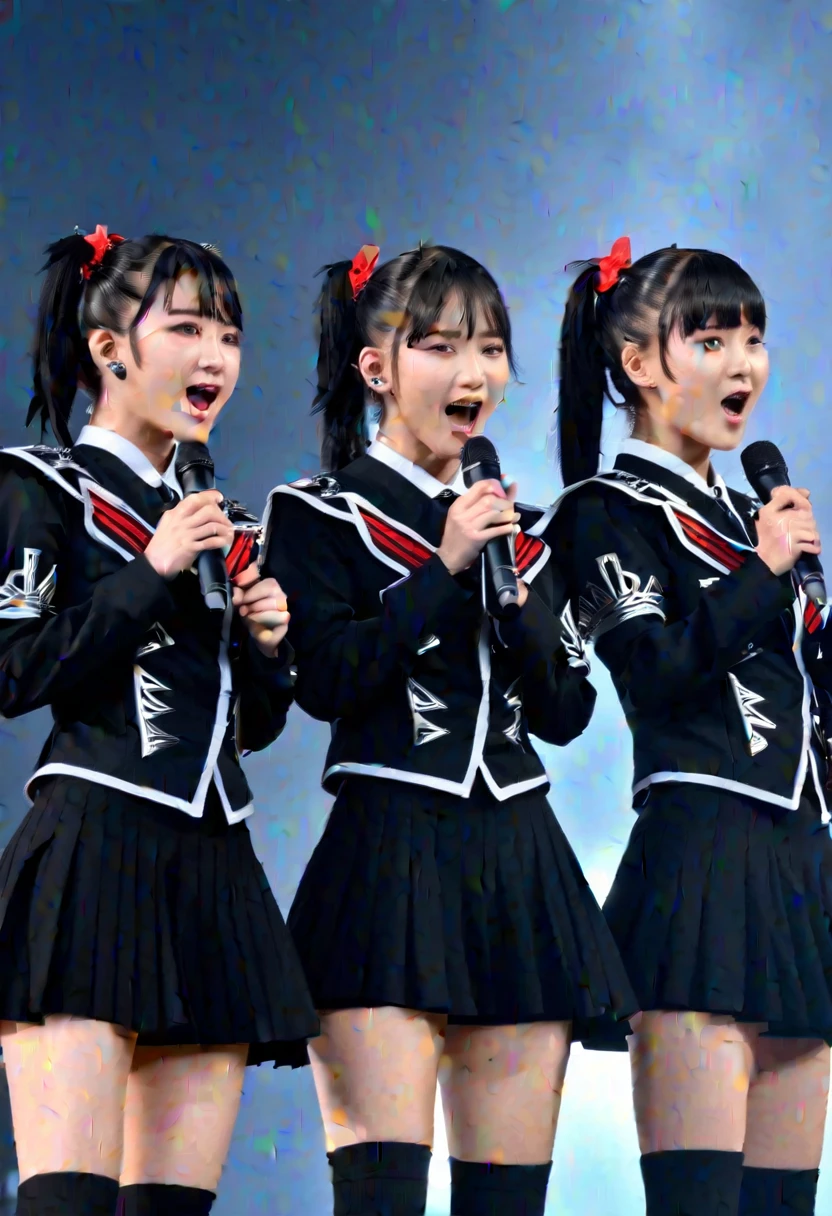 award winning picture of idols  on stage, cute 3girls, japanese, black clothes, detailed face, sing, sweat, [close-up], babymetal, japanese concert, cinematic, rich color, 8k, hdr