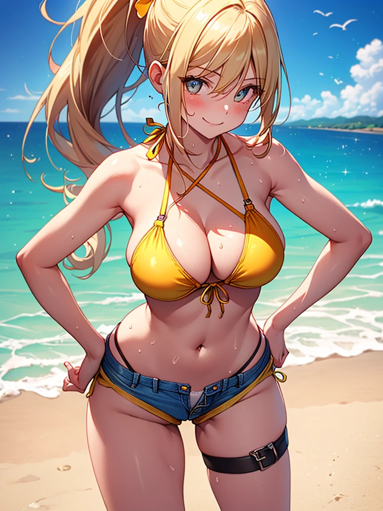 (highest quality, High resolution, perfect pixel, Depth of bounds written, 4K), beach, detailed eyes, (1 lady), tall, (skinny body:1.2) , (thin thighs:1.2), large breasts, blond hair, (ponytail:1.2), yellow, (short pants bikini:1.2), (cross halter), denim short shorts, (panty strap:1.2), (standing), (Hands on Hips), (light smile), blush, sweat, 