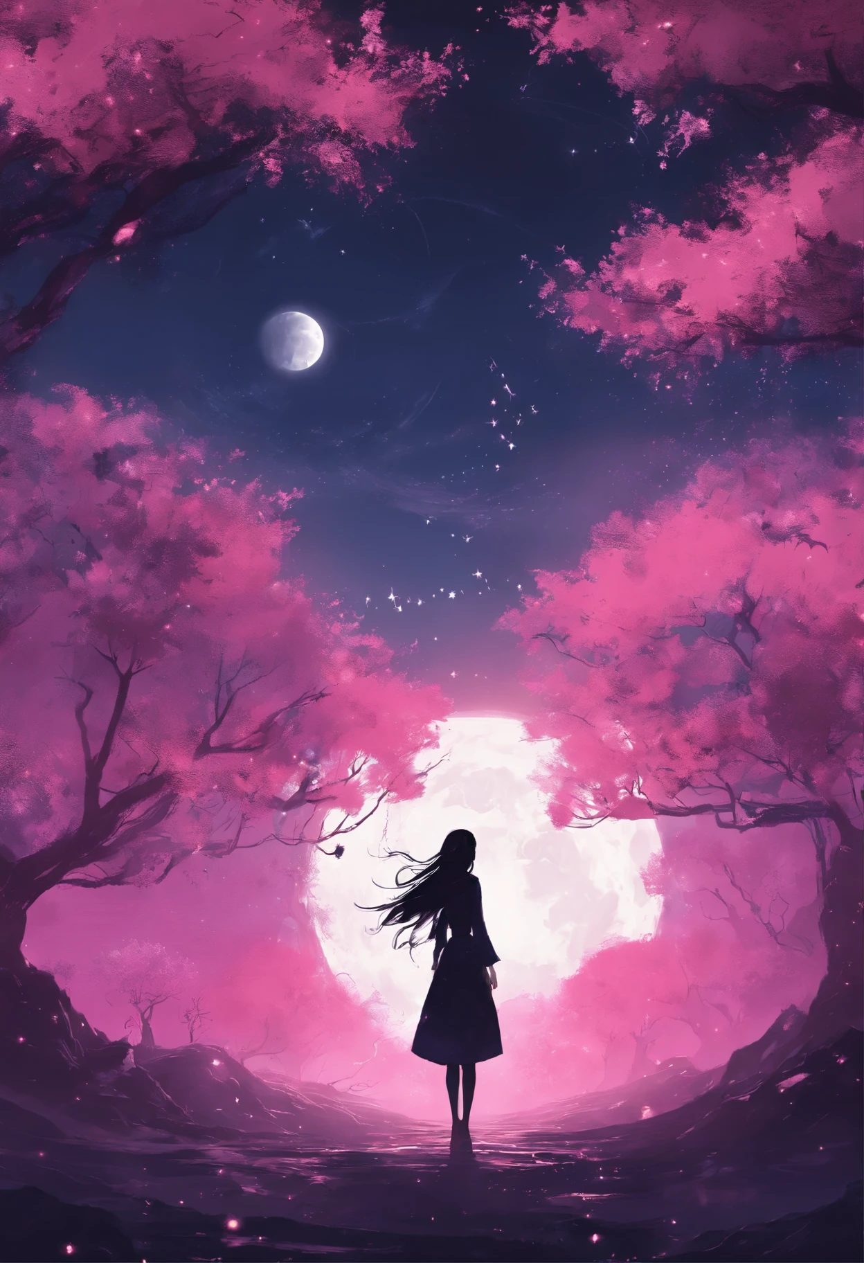 Masterpiece, Best quality, Night, Mountain, full moon, Long black hair, woman, Firefly, stars, Mysterious cherry blossom trees, Pink leaves, High quality, Beautiful graphics, High detail