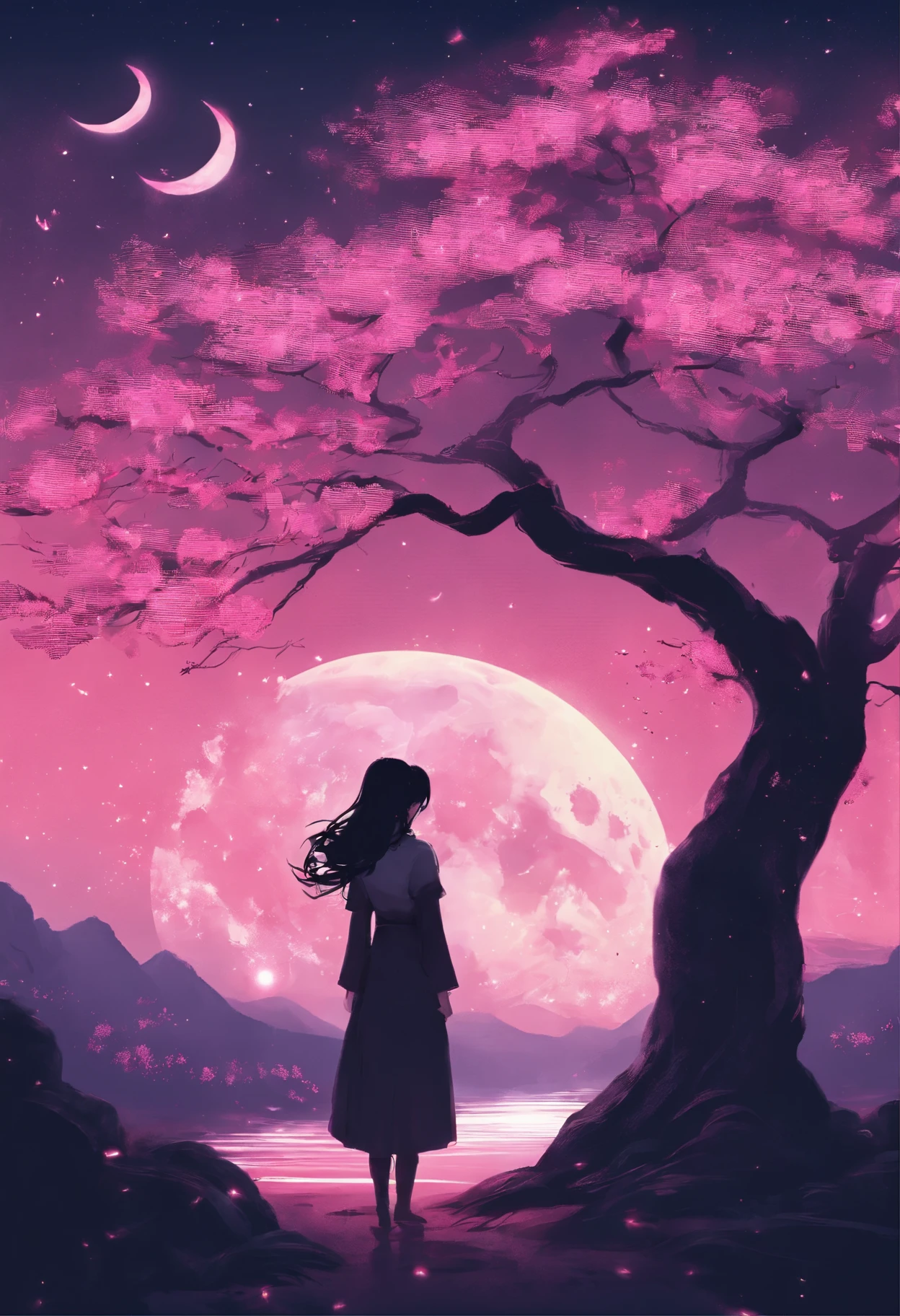 Masterpiece, Best quality, Night, Mountain, full moon, Long black hair, woman, Firefly, stars, Mysterious cherry blossom trees, Pink leaves, High quality, Beautiful graphics, High detail