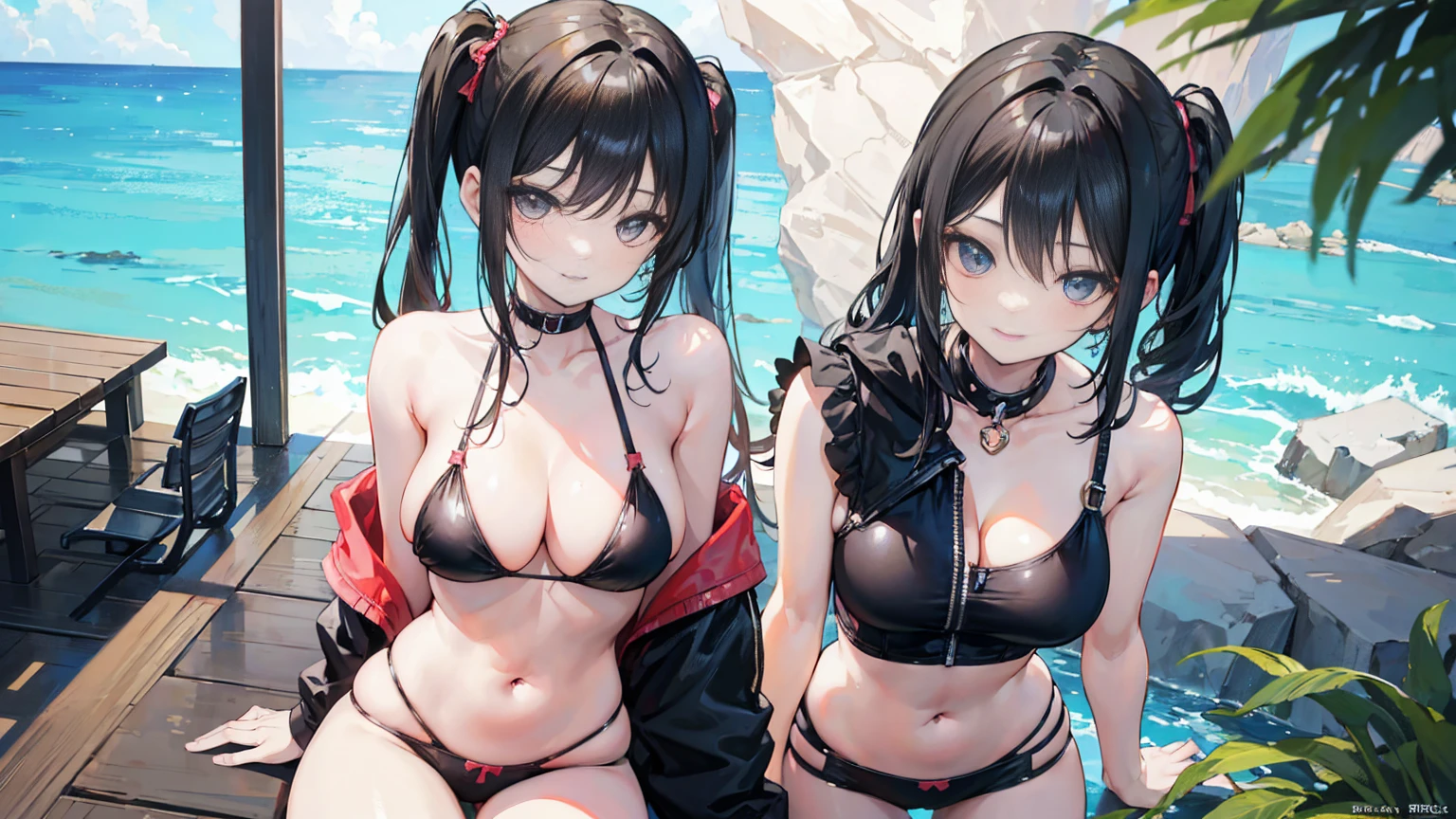 masterpiece,anime style,chibi,sexy girl,black hair,shoulder length hair with two pigtails,bikini,smiling,larger breasts,waiting on the right side of the image,showing cleavage,full body,standing,