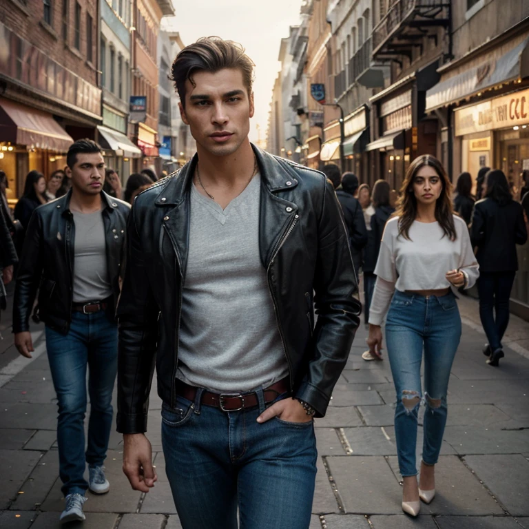 (ultra-detailed,high-res,masterpiece:1.2),realistic,detailed eyes and face,handsome man wearing trendy leather jacket and jeans,strutting down the streets of a vibrant Latin city,athletic and confident,showcasing his irresistible charm,streetlights casting a warm glow on the scene,accentuating the colorful architecture and lively atmosphere,portraits of stylish men lining the buildings,adding to the fashionable ambiance,hint of mystery in the air,as if inviting you to discover the secrets of this fashionable world,artistic portrayal of masculine beauty,exuding confidence and charisma,blending into the urban energy with ease,sensual undertones adding an alluring touch to the composition,subtle use of tulle fabric capturing the essence of modern fashion,enhanced with subtle lighting and vivid colors,creating a visually captivating masterpiece reminiscent of a high-end fashion editorial.