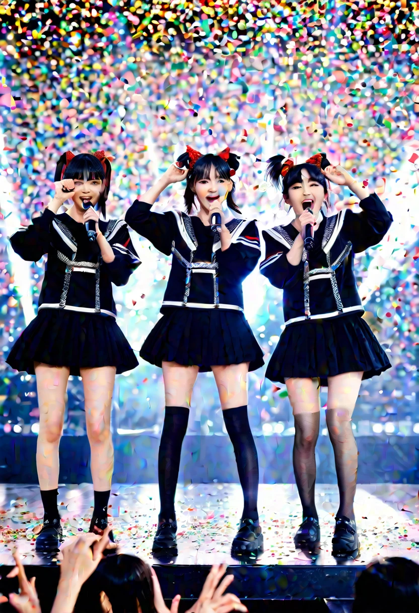 award winning picture of idols on stage, cute 3girls, japanese, black clothes, detailed face, sing, sweat, [close-up], babymetal, japanese concert, cinematic, rich color, 8k, hdr, crowd, confetti, amazing music