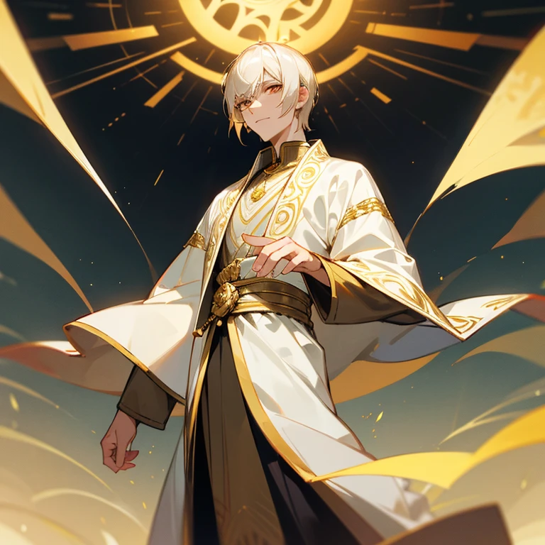 Tall manly young man, light complexion, golden eyes, short white hair, white and gold ancient emperor clothing