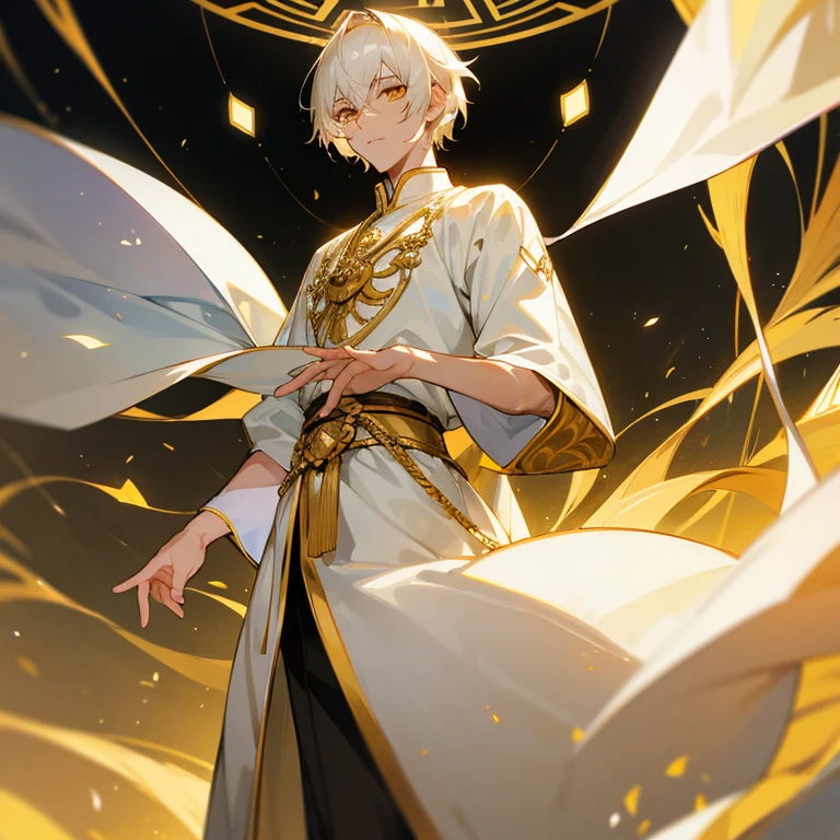 Tall manly young man, light complexion, golden eyes, short white hair, white and gold ancient emperor clothing