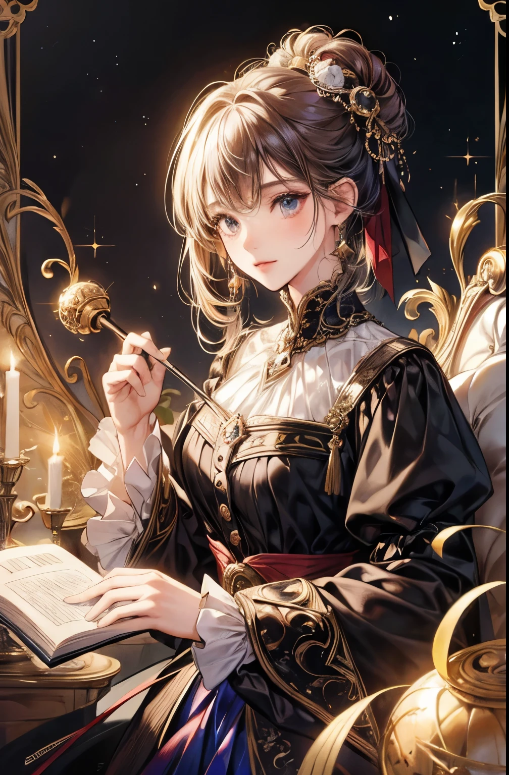 (absurd, high resolution, Super detailed), 1 Girl, Starry Eyes,Solitary, Baroque, Long skirt, Long sleeve, elegant, rich and colorful, The most detailed, Upper Body