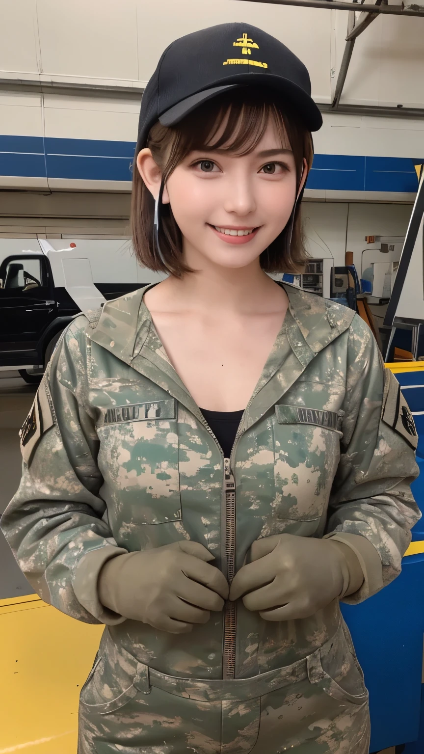 big eyes, huge shy smile , highest quality, ((Professional photos, RAW Photos)), Insanely Real, Very delicate and beautiful, Ultra-high resolution, Realistic lighting and shading, (A realistic image of a very cute female aircraft mechanic, alone), wide々Inside the aircraft hangar, A World War II-era monoplane fighter can be seen in the background.., Aircraft parts scattered on the floor, Maintenance Tools, She is in charge of aircraft maintenance.., (Wearing a long-sleeved mechanic coverall with a military camouflage pattern), (Wear heavy duty mechanic gloves), (Wear a headset), Her hair will be tied up later, Very professional mechanics, Mysterious Smile, ((Very beautiful eyes and face)), (Amazingly beautiful, Natural skin texture), Accurate Eyes, Accurate needle, Overall well-balanced body, ((15-year-old girl, Short Hair:1.3, Cute type, slim, Slim body:1.2, Baseball Hats)), , viewer's perspective , random cute pose , paw pose
