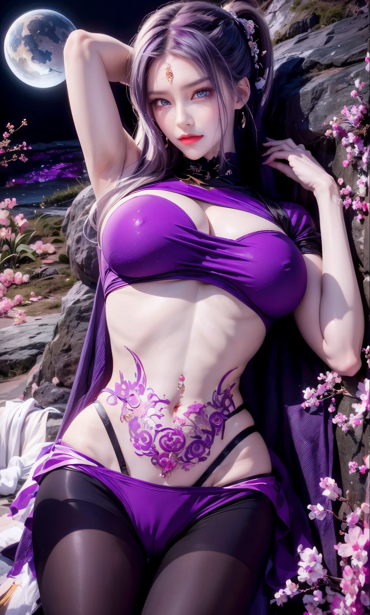 realistic, 1 women, best quality, 12k, HD, long hair, big round breasts, cleavage, ponytail, necklace, jewelry, shorts, short jacket, slim hips, hair tie, yellow eyes, black hair, super detailed, Eye details, hair details, person details, mouth details, face details, breast details, clothes details, hair details, pants details, hand details, whole body