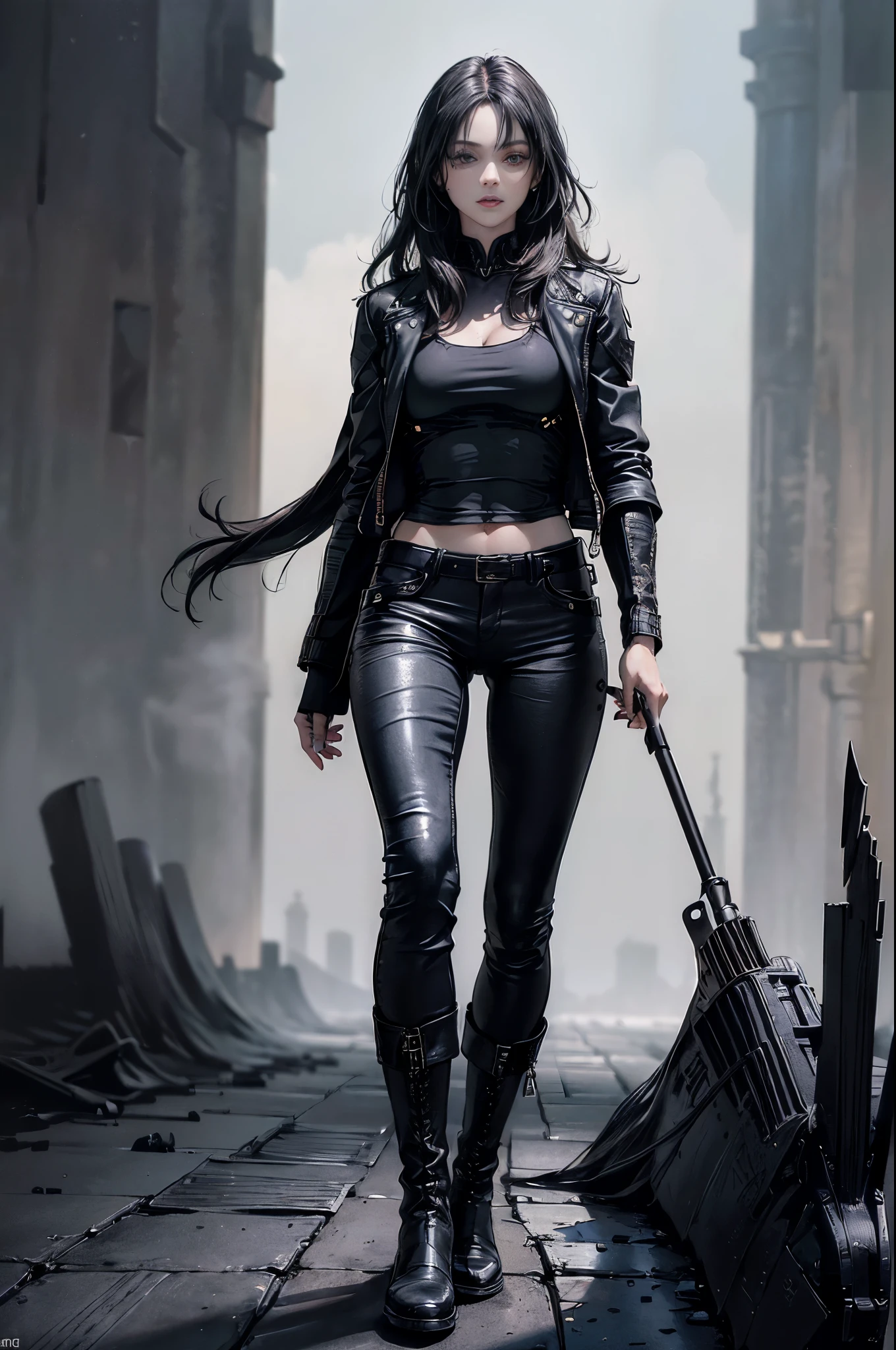 (Skin dents:1.5), Realistic, Realistic, (masterpiece:1.5), Concept Art, Intricate details, Very detailed, Realistic, Octane Rendering, 8k, Unreal Engine, Dynamic pose, highest quality, High resolution, (Realistic Face:1.1), (超Realistic:1.1), (((full_body))), Perfect Eyes,(Shiny skin:1.2), (((Hairstyle))), (((Perfect hands、Very detailed背景), ((Dynamic Background)), ((One girl)), Wearing a black leather jacket, Black leather long pants, Black T-shirt, Black boot rowing jacket))), ((Fine grain, High quality eyes, High quality face)), (Very exquisite jacket), Long black hair, dramatic, Depth of written boundary, Bokeh, 4K, (((underworld))), ((Standing pose))