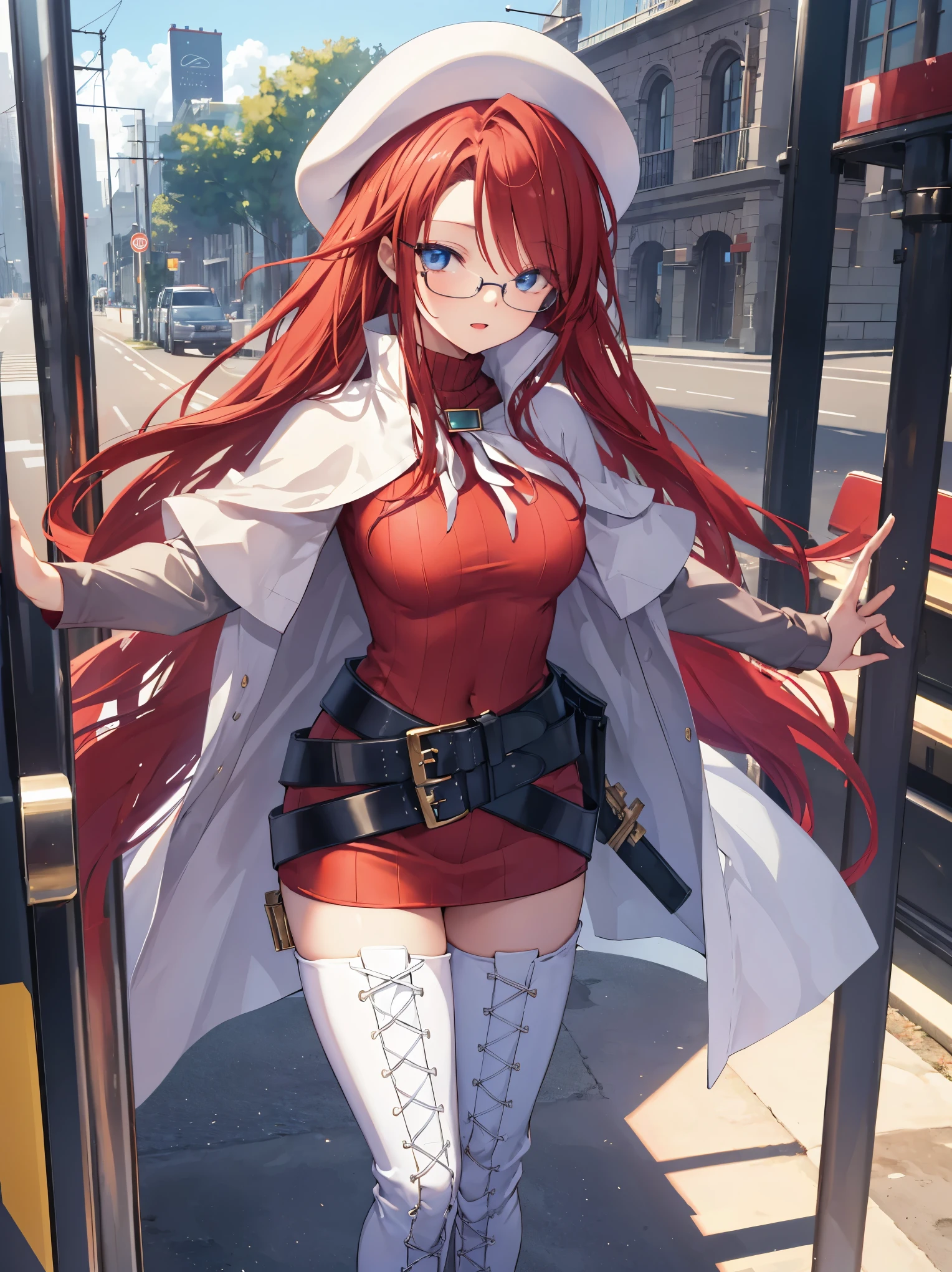pov,nsfw,summonnightaty, aty, (young:1.3),long hair, blue eyes, red hair, beret, hat, glasses,
BREAK long hair, thighhighs, hat, dress, boots, glasses, belt, cape, sweater, zettai ryouiki, beret, thigh boots, white footwear, ribbed sweater, loose belt,solo,
BREAK outdoors, fantasy,on_a_ship,
BREAK (masterpiece:1.2), best quality, high resolution, unity 8k wallpaper, (illustration:0.8), (beautiful detailed eyes:1.6), extremely detailed face, perfect lighting, extremely detailed CG, (perfect hands, perfect anatomy),covered_nipples,covered_navel,light_smile ,(half_eyes:1.4),sword,armpit,sleepy,dynamic_standing,barrel,red_sweater,apart_legs,magical_effect,focus_breasts,spread_legs,light_open_mouth,solo,In front of the tram