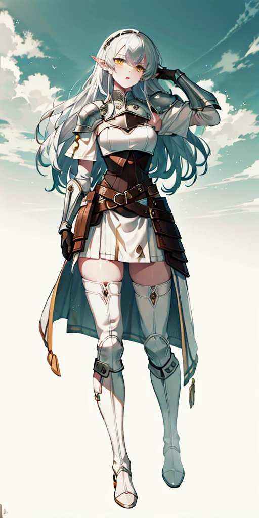 masterpiece, best quality, high quality, white SKIN elf, long hair, white hair, yellow eyes, full body, def_effie, blue breastplate, white skin, looking at viewer, shiny, armor, thigh highs, high boots, shoulder armor, faulds, poleyn, gloves, gauntlets