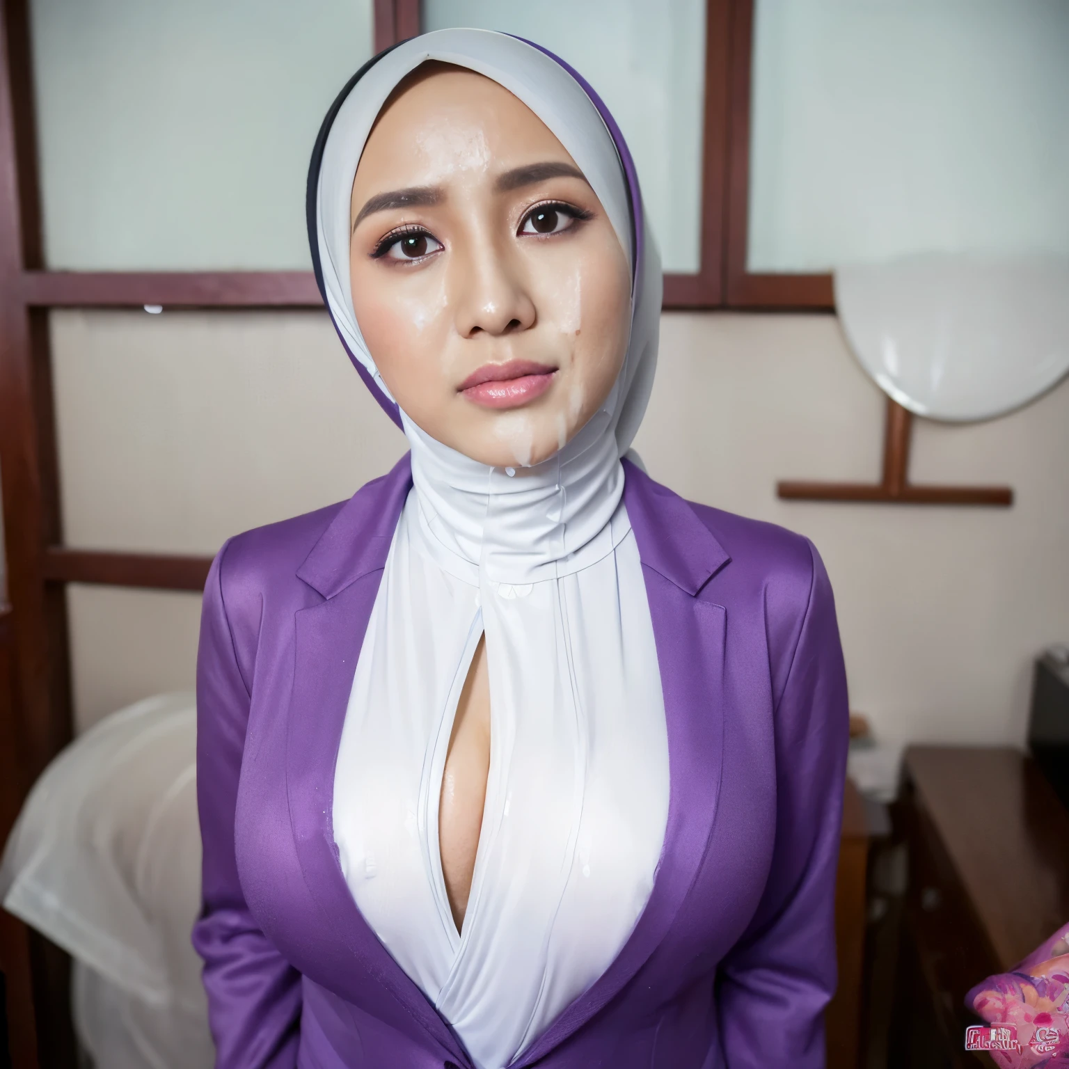 (42 years Old), Professional Geisha, ((Hijab Indonesian MILF)), ((Sugar Mama)), Big , Tight Blazer, (Open-Up Blazer), Chubby body, Squeezing , at Messy Bedroom, Bright light, at Daytime, (a lot of sperm Liquid cover her whole face :1.2).