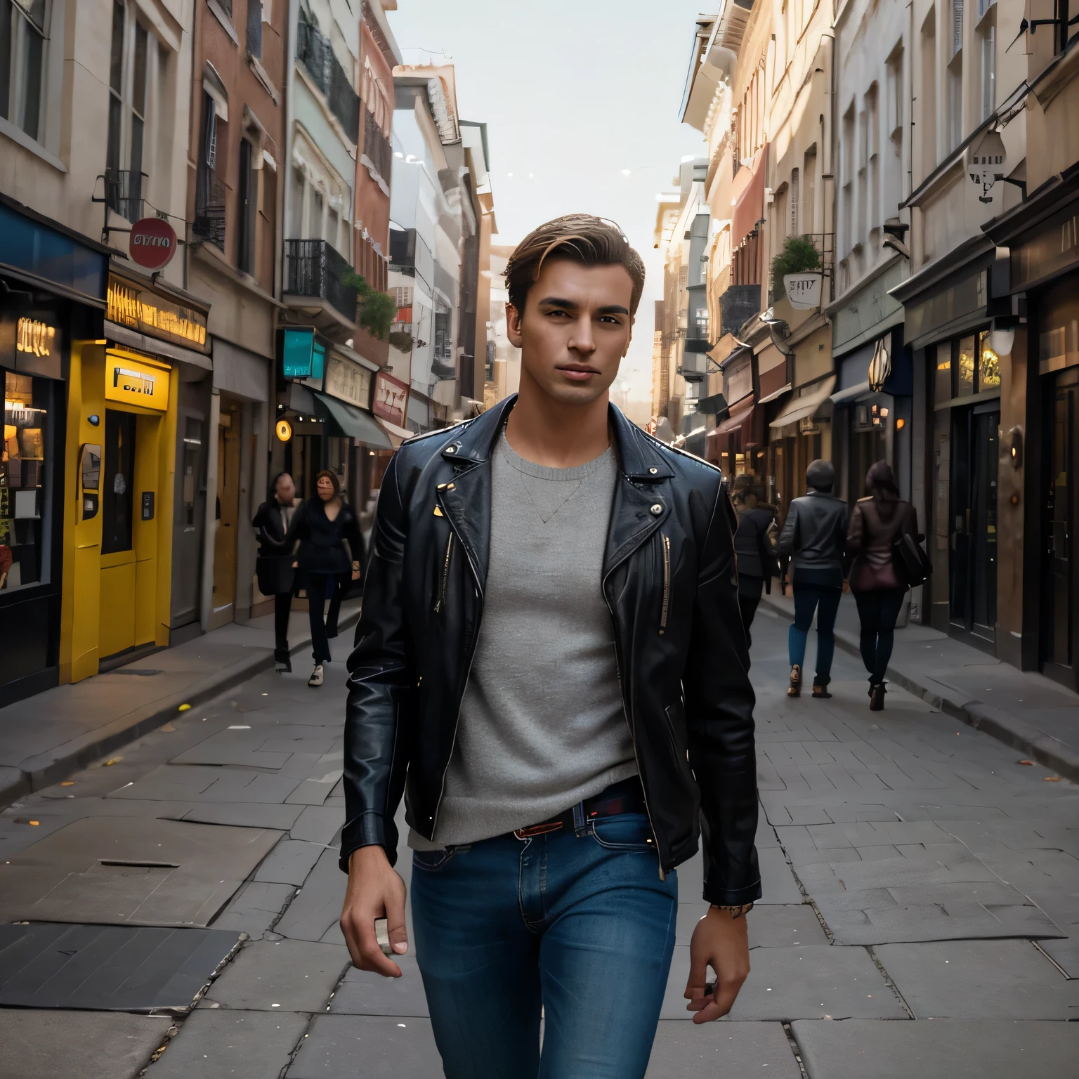 (ultra-detailed,high-res,masterpiece:1.2),realistic,detailed eyes and face,handsome man wearing trendy leather jacket and jeans,strutting down the streets of a vibrant Latin city,athletic and confident,showcasing his irresistible charm,streetlights casting a warm glow on the scene,accentuating the colorful architecture and lively atmosphere,portraits of stylish men lining the buildings,adding to the fashionable ambiance,hint of mystery in the air,as if inviting you to discover the secrets of this fashionable world,artistic portrayal of masculine beauty,exuding confidence and charisma,blending into the urban energy with ease,sensual undertones adding an alluring touch to the composition,subtle use of tulle fabric capturing the essence of modern fashion,enhanced with subtle lighting and vivid colors,creating a visually captivating masterpiece reminiscent of a high-end fashion editorial.